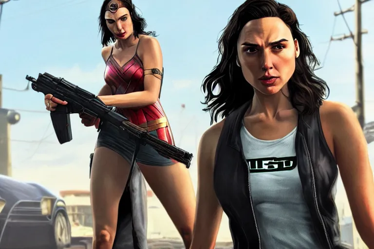 Prompt: gal gadot in gta 5, trending on artstation