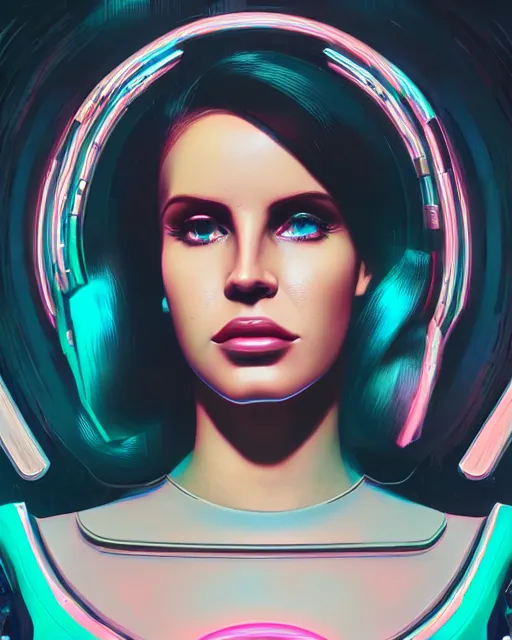 Image similar to portrait of lana del rey as a cyborg. intricate abstract. intricate artwork cyberpunk by tooth wu, wlop, beeple, dan mumford. octane render, trending on artstation, greg rutkowski very coherent symmetrical artwork. cinematic, hyper realism, high detail, octane render, 8 k, blue and pink iridescent accents