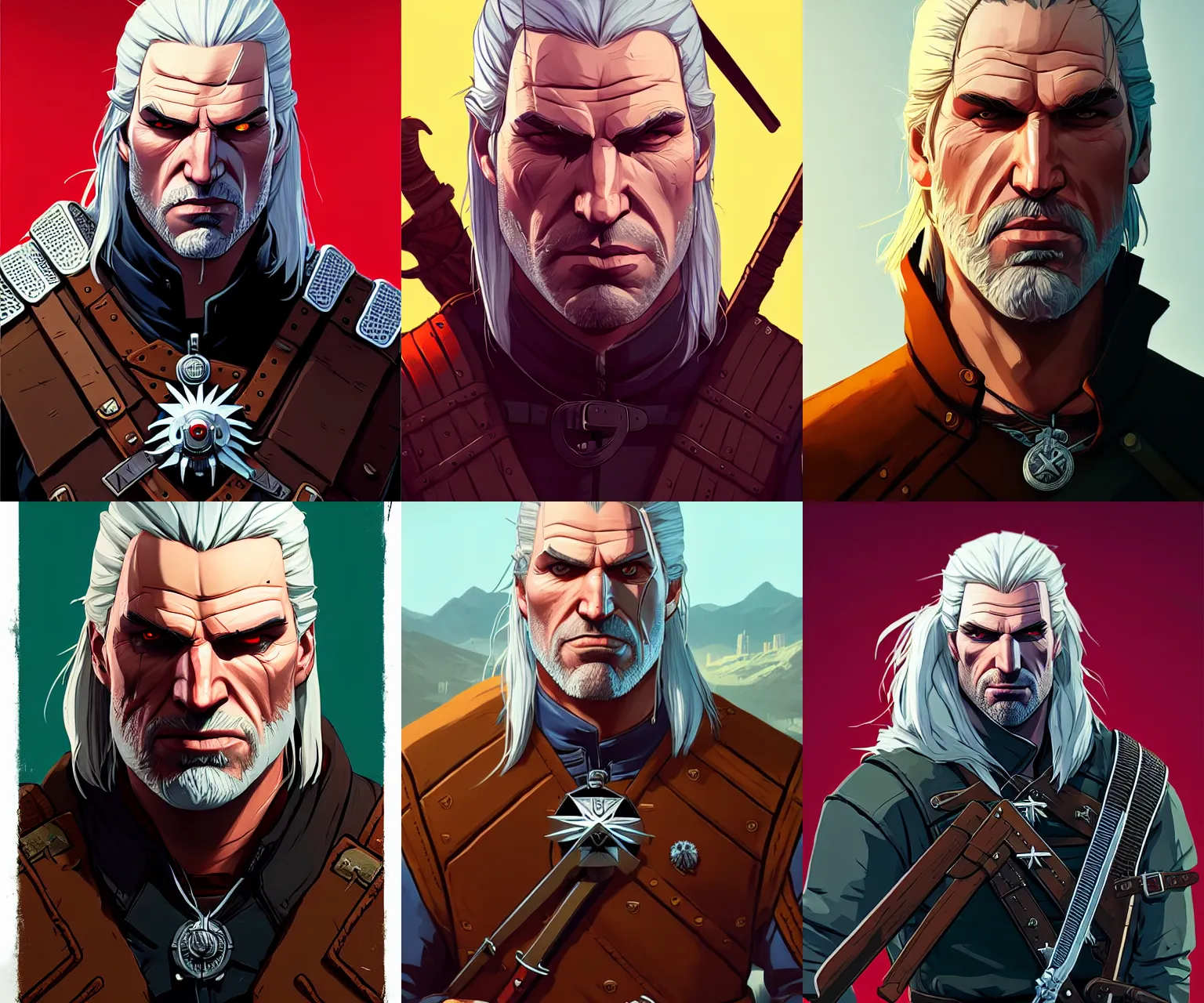 Prompt: portrait of geralt the witcher, gta san andreas cover art, borderlands style, celshading, trending on artstation, by rhads, andreas rocha, rossdraws, makoto shinkai, laurie greasley, lois van baarle, ilya kuvshinov and greg rutkowski