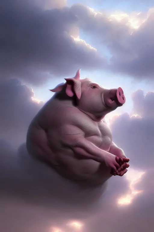 Image similar to Pig mixed with a greek god sitting in the clouds, very detailed, dramatic lighting, electrical details, high details, 4k, 8k, trending on artstation, by Greg Rutkowski, Wayne Barlowe, Hajime Sorayama and Boris Vallejo