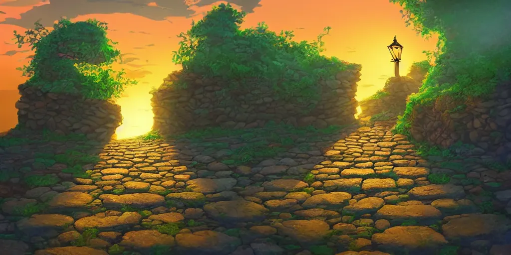 Prompt: a lonely cobblestone street with a tree on a cliff over the sea at sunset, brightly illuminated by rays of sun, artstation, colorful peter chan illustration, day of the tentacle style, low camera angle