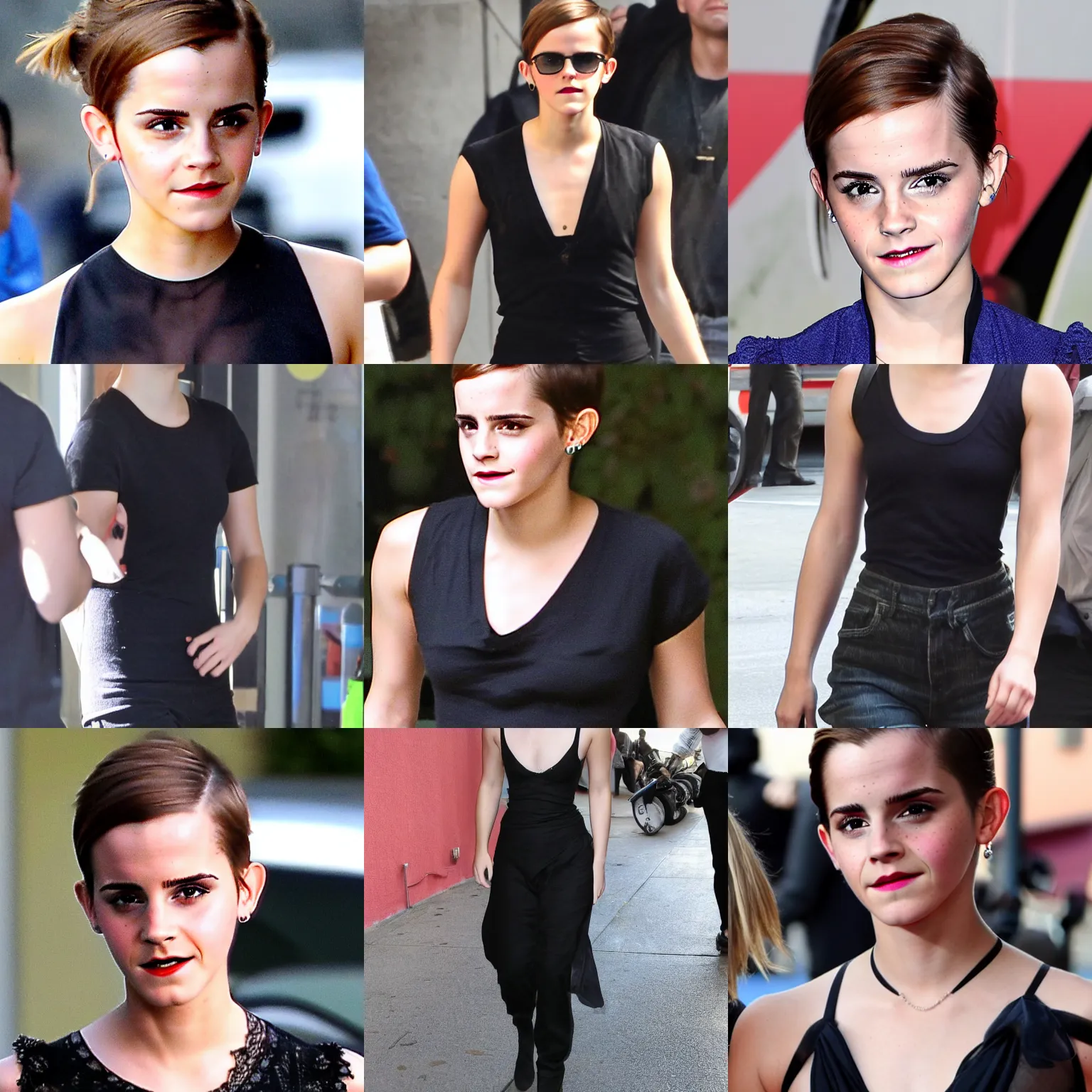 Prompt: emma watson with shaved head, paparazzi, 4 k, tmz