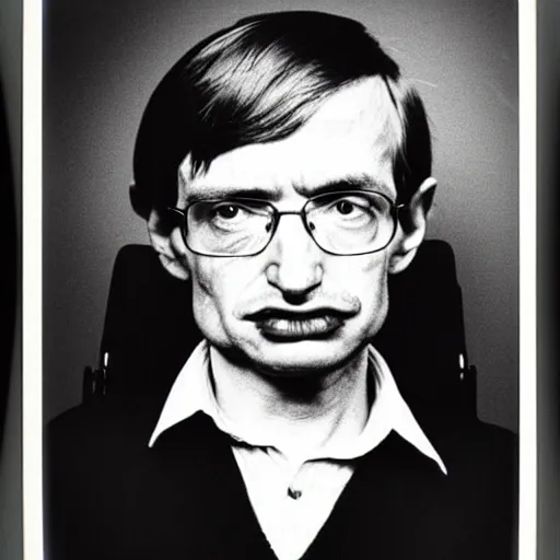 Image similar to Mugshot Portrait of Stephen Hawking, taken in the 1970s, photo taken on a 1970s polaroid camera, grainy, real life, hyperrealistic, ultra realistic, realistic, highly detailed, epic, HD quality, 8k resolution, body and headshot, film still, front facing, front view, headshot and bodyshot, detailed face, very detailed face