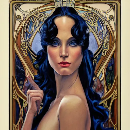 Image similar to an art nouveau, ( streamline moderne ), multi - ethnic and multi - racial portrait in the style of donato giancola and anna dittmann and charles dulac. very large, clear, expressive, and intelligent eyes. symmetrical, centered, ultrasharp focus, dramatic lighting, photorealistic digital matte painting, intricate ultra detailed background.