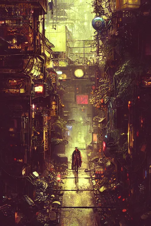 Image similar to vintage autochrome photo of ancient overgrown cyberpunk tokyo with robot by craig mullins, rutkowski, hiroshi yoshida, night, rain, flowers, beautifully lit, hyperdetailed, unreal engine, 3 d rendered, photorealistic, artstation, cgsociety