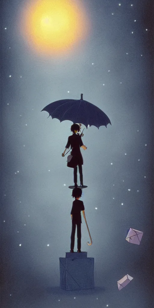 Prompt: a realistic cell - shaded studio ghibli concept art from paprika ( 2 0 0 6 ) of a man with an umbrella standing on a floating cube from close encounters of the third kind ( 1 9 7 7 ) on a misty starry night. very dull colors, hd, 4 k, hq