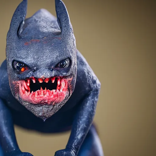 Image similar to detailed photo of scary giant mutant dark blue humanoid pygmy-bat, glowing red eyes, sharp teeth, acid leaking from mouth, realistic, giant, bat ears, bat nose, furred, detailed, 85mm f/1.4