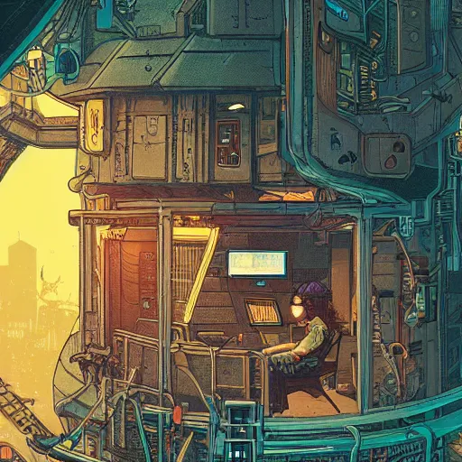 Image similar to Stunningly intricate illustration of a cyberpunk explorer playing video games in his treehouse, highly detailed, midnight, by Victo Ngai and James Gilleard , Moebius, Laurie Greasley