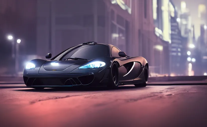 Image similar to a black Mclaren F1 in the streets at night whit cyan headlights on, by Khyzyl Saleem, night time, Cloudy weather, atmospheric, artstaion, concept art, illustration, sharp focus, high detail, octane render, cyberpunk, intimidating