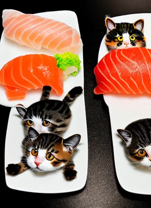 Image similar to clear photorealistic picture of adorable cats made out of sushi