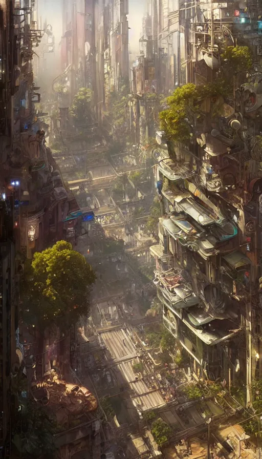 Image similar to hyper realistic cyberpunk city, busy crowded market street overtaken by lush plants, gnarly trees by tom bagshaw, mucha, gaston bussiere, craig mullins, j. c. leyendecker 8 k