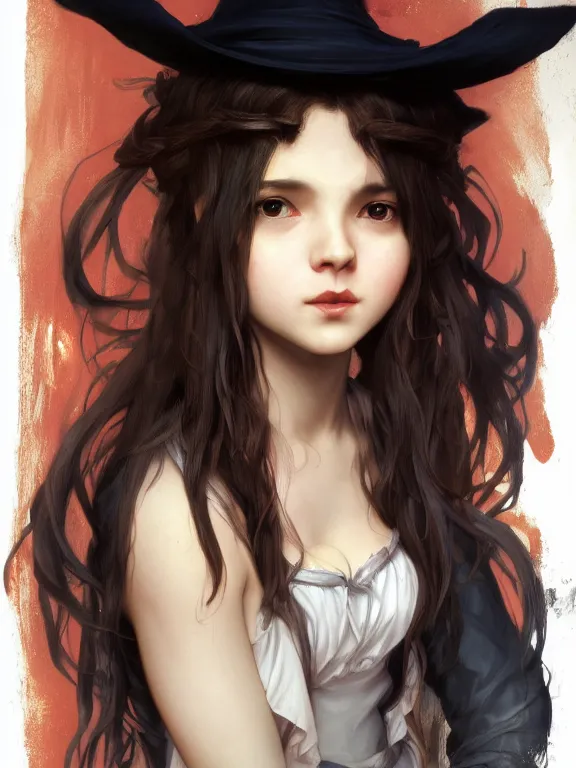 Image similar to Full shot of a mischievous young witch about to get up to some trouble. Latin American fashion. Black and Orange palette. Latina girl. brown skin. Symmetrical facial features. By Ruan Jia and Artgerm and Range Murata and WLOP and Ross Tran and William-Adolphe Bouguereau. Key Art. Fantasy Illustration. award winning, Artstation, intricate details, realistic, Hyperdetailed, 8k resolution.