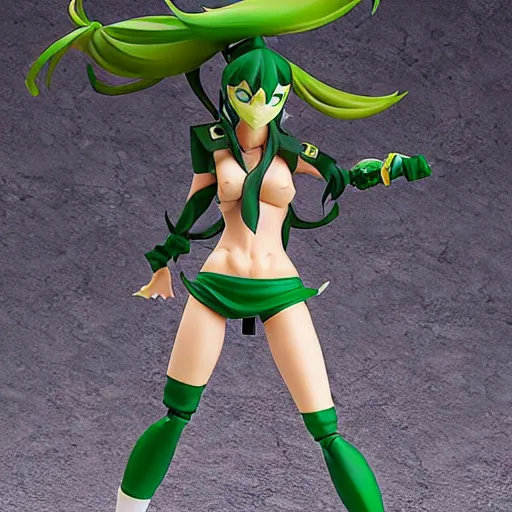 Image similar to league of legends akali as a Figma doll. Posable anime figurine. Kamas-wielding, green facemask, green outfit. Ninja sickle. PVC figure 12in.