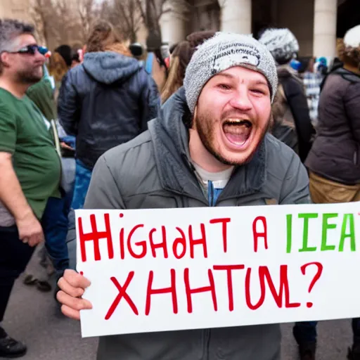 Image similar to photograph of smiling man holding a protest sign saying'xdxbfjzbd in the ahhhahhhahh ', high detail, 8 k resolution