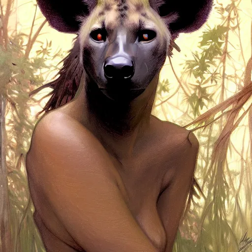 Image similar to photo of a humanoid hyena were a dress in the forest, highly detailed, digital painting, artstation, smooth, sharp focus, illustration, art by artgerm and greg rutkowski and alphonse mucha