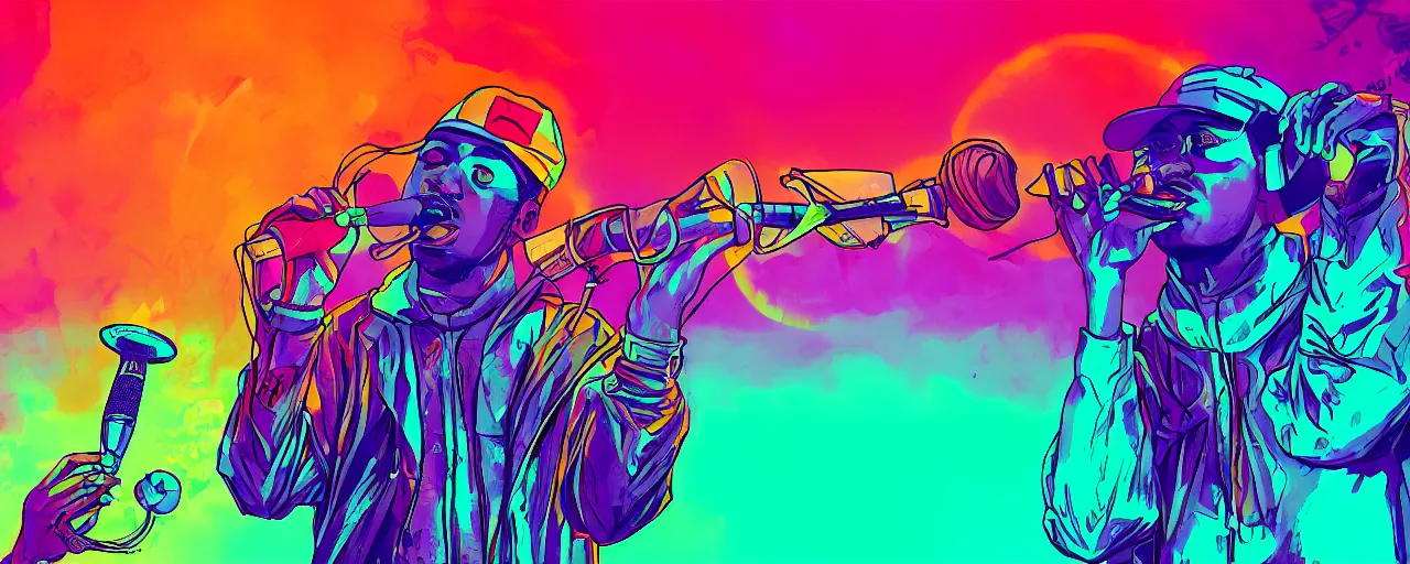 Prompt: rapper holds microphone straight out, digital art, vapor wave, hip hop, psychedelic, surreal, trending on Artstation, professional artist, detailed, 4k