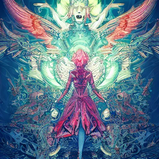 Image similar to angel versus devil, an ultrafine detailed illustration by james jean, final fantasy, intricate linework, bright colors, behance contest winner, vanitas, angular, altermodern, unreal engine 5 highly rendered, global illumination, radiant light, detailed and intricate environment