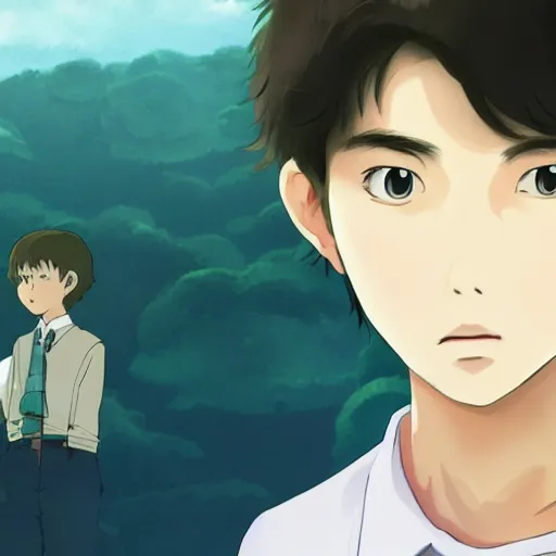 Image similar to teenager boy with Fragile looking beautiful portrait face with a small friendly creature made by Studio Ghibli highly detailed art, beautiful scene, sharp focus, smooth, 8k, anime art, nostalgic