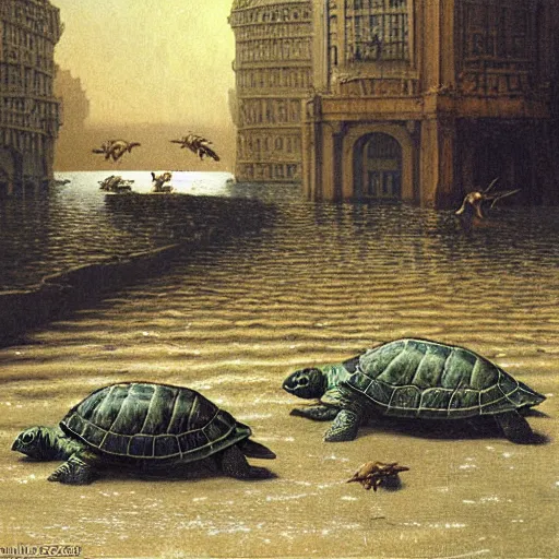 Image similar to turtles in ruined city of Atlantis , by Michael Sowa