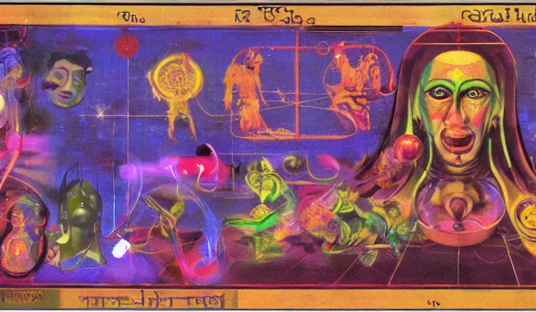 Image similar to GUI for a Kali Yuga countdown program, esoteric, futuristic, app design, web design, by Francis Bacon, Nam June Paik, Raoul Hausmann, Govardhan