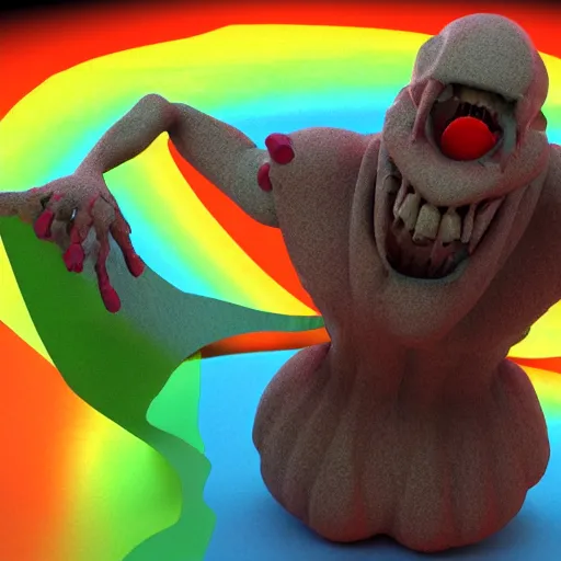 Prompt: 3 d render of a monster made of rainbows, terrifying, beautiful, cringe