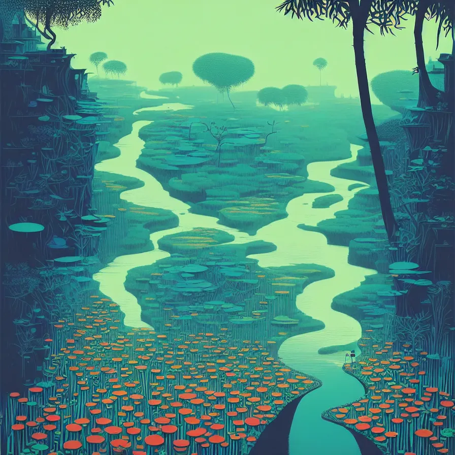Image similar to ( ( ( gediminas pranckevicius ) ) ), river flow through borneo jungle, summer morning, very coherent and colorful high contrast art by james gilleard floralpunk screen printing woodblock, dark shadows, pastel color, hard lighting