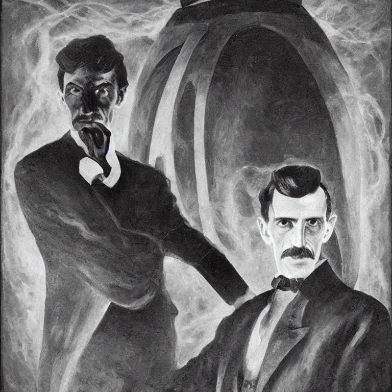 Image similar to Portrait of Nikola Tesla near the giant coil with lightings, photorealistic