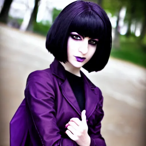 Image similar to Pale-skinned Persian girl, black hime cut hair, long bob cut hair, purple eyes, gothic jacket, mysterious girl, psychic girl, photograph