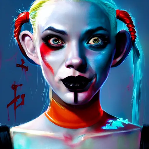 Image similar to Portrait of Harley Quinn but she's a beautiful ape kid with long pony tails on either side of her head, mayhem, illustration, by James Jean, artgerm, octane render, by John Coltrane and Marc Simonetti, Manic, inspired by Greg rutkowski, colorful, high detail of the face, full body