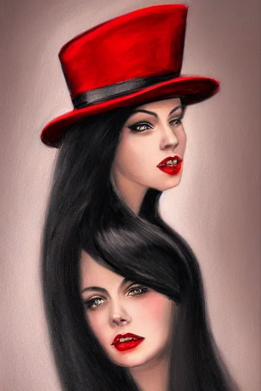 Image similar to elegant long hair lady wearing red dress and tophat, close up portrait, realistic detailed painting, dark background, noir, mysterious