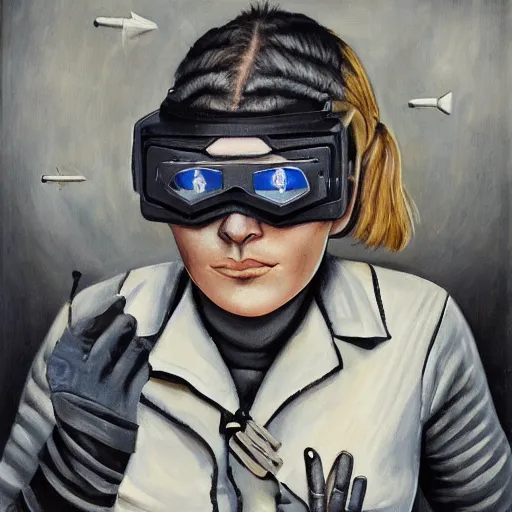 Image similar to square - jawed emotionless serious blonde woman starship engineer, tribal tattoos, handsome, short slicked - back hair, sweating, uncomfortable and anxious, looking distracted and awkward, wearing victorian dark goggles, flight suit and gloves, highly detailed, oil painting