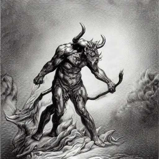 Prompt: full body grayscale drawing by Gustave Dore of muscled horned humanoid beast, swirling flames