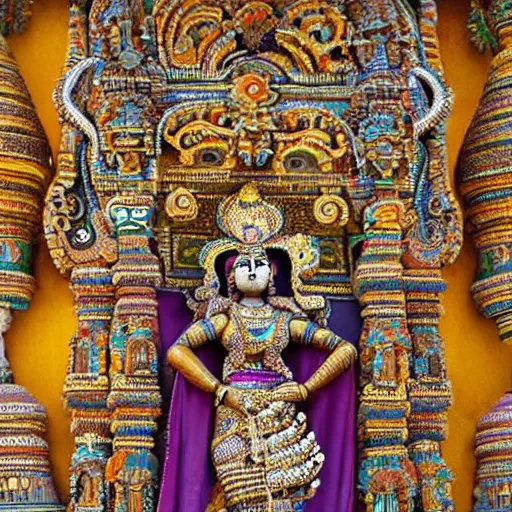 Image similar to a woman wearing an armor and headdress. the armor and headdress is made out of the colors, textures and sculptures of the meenakshi temple in madurai. intricate. detailed.