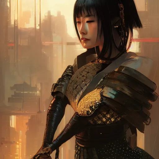 Image similar to cyberpunk samurai ,with techware , D&D, intricate, elegant, highly detailed, digital painting, japanese , altered carbon style,trending on artstation, concept art, illustration, art by Artgerm and Greg Rutkowski and Alphonse Mucha