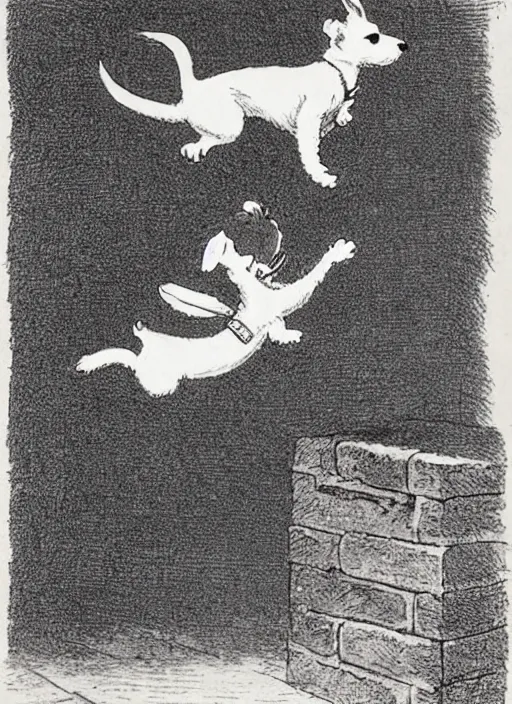 Image similar to jack russel terrier jumping from the ground over a brick wall, illustrated by peggy fortnum and beatrix potter and sir john tenniel