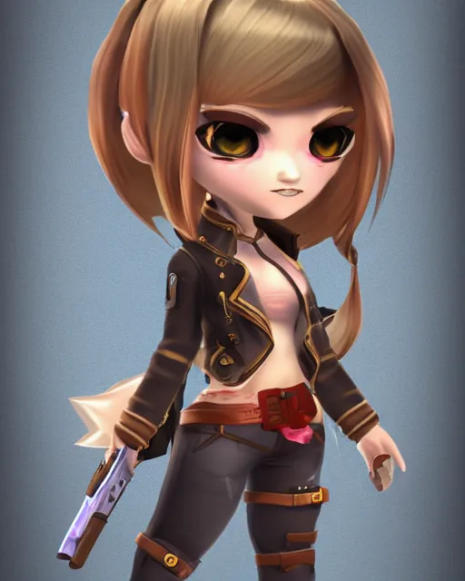 Prompt: katelynn mini cute style, highly detailed, rendered, ray - tracing, cgi animated, 3 d demo reel avatar, style of maple story, maple story gun girl, katelynn from league of legends chibi