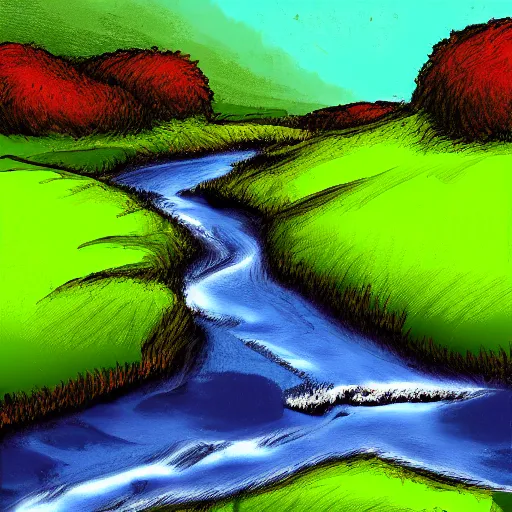 Prompt: digital art painting of a river running through the plains, very mediocre, not so detailed at all.