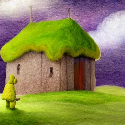 Prompt: small wooden house in the middle of spring forest, bright colours, watercolor, volumetric wool felting, macro photography, children illustration, by goro fujita