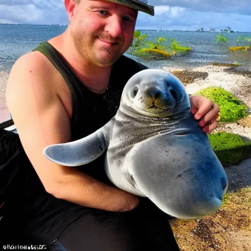 Prompt: incredibly fantastically stupendously fluffy tiny winged pygmy baby manatee seal hybrid being cradled by a nice pirate captain on an island, realistic, fantasy, pet, adorable, national geographic