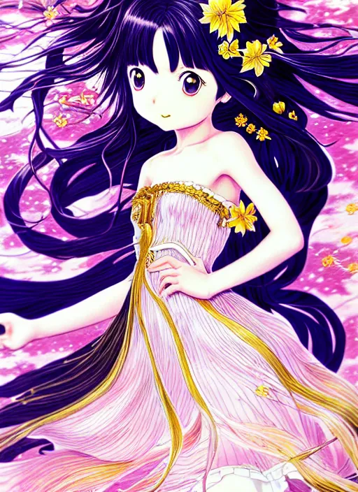 Image similar to exquisite imaginative manga poster of a fairy girl, long wavy hair, rococo dress, shimmering, by kojima ayami, shigenori soejima, minaba hideo,, jump comics, shogakukan, illustration, artstation, highly detailed, 8 k, fluorescent, maximalist