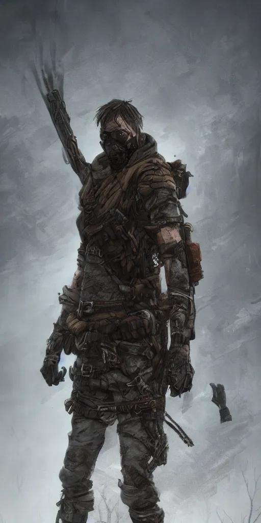 Prompt: A grimdark comic book style portrait as a post apocalyptic warrior survivalist in a atmospheric dark bombarded landscape with large dead trees, unreal 5, DAZ, hyperrealistic, octane render, RPG portrait, ambient light, dynamic lighting