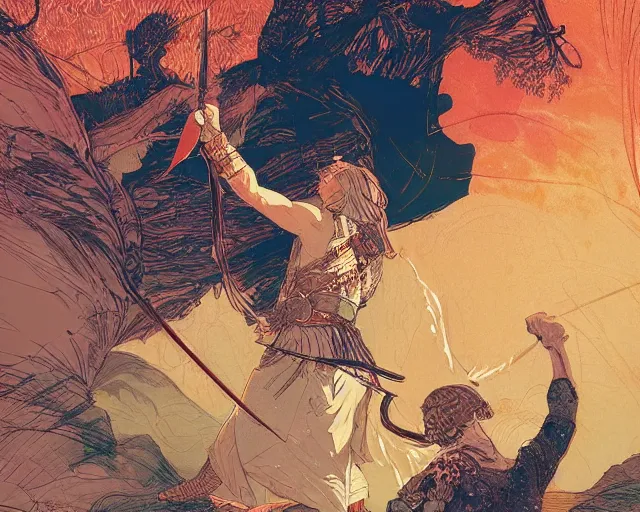 Prompt: a beautiful maiden sword fighting a big burly man, digital art, illustrated by james gurney and victo ngai