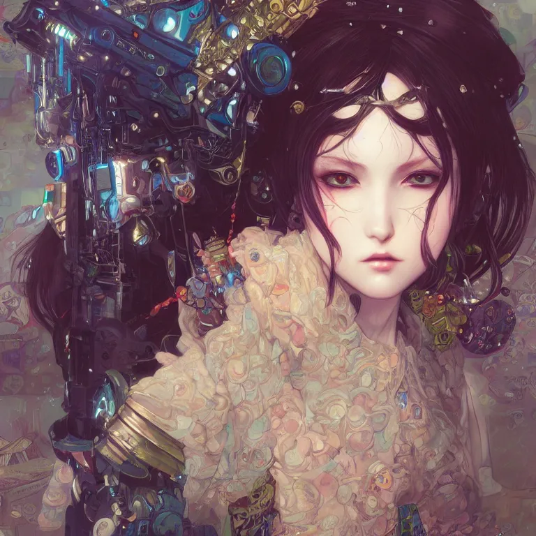 Image similar to portrait of beautiful young fairy, cyberpunk, Warhammer, highly detailed, artstation, illustration, art by Gustav Klimt and Range Murata and Ilya Kuvshinov and Sakimichan