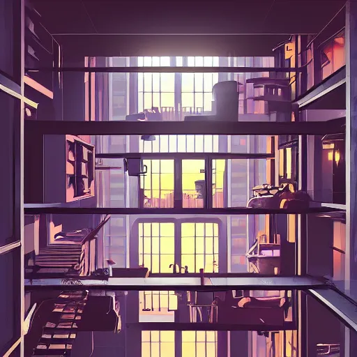 Image similar to beautiful digital illustration of loft in the evening, science fiction, cyberpunk city, rainy day outside, luxury, interior design, tall windows, trending on artstation