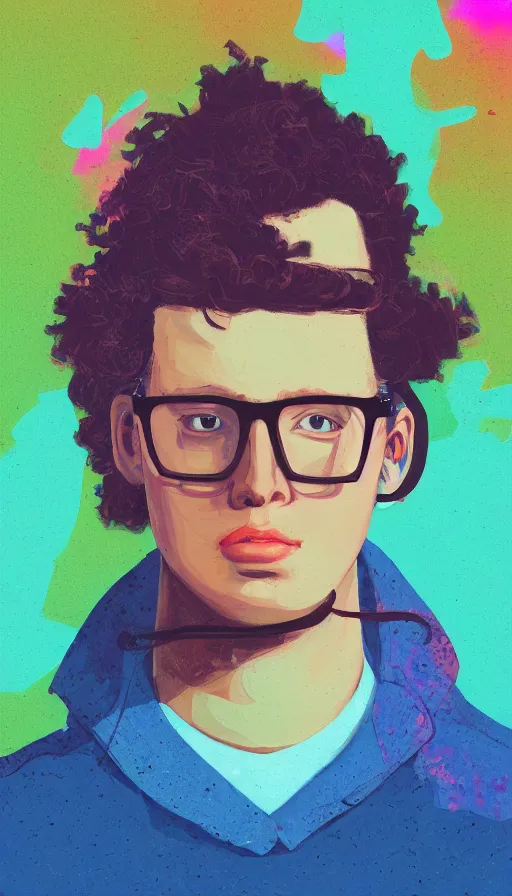Prompt: an expressive profile portrait painting of a gen z student with thick - rimmed glasses, in the style of an original beeple digital art painting, vaporwave cartoon, men and women