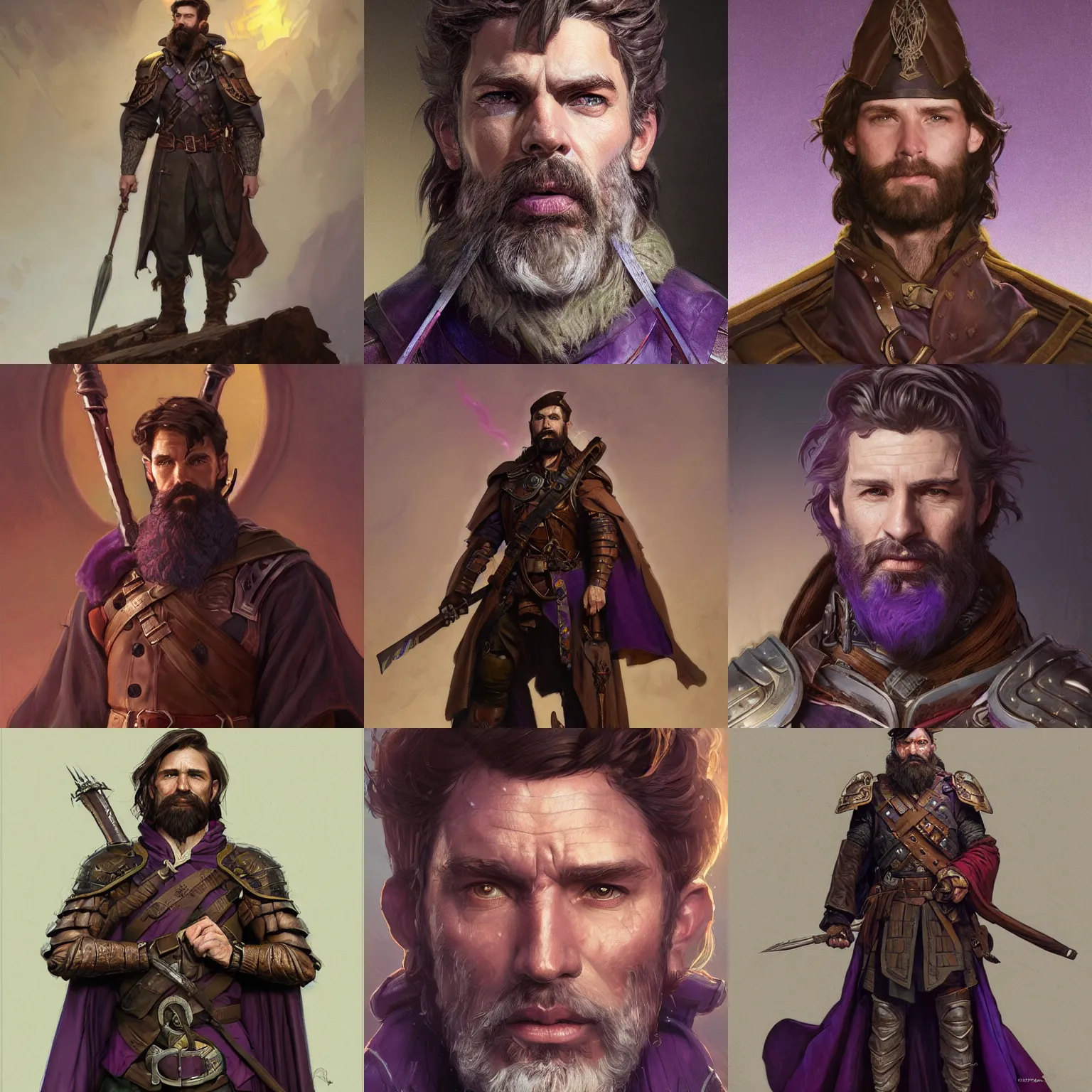 Prompt: portrait of a ruggedly handsome wizard soldier with short brown hair and a short beard wearing leather armor and a purple cape, half body, fantasy, highly detailed, digital painting, artstation, concept art, character art, art by greg rutkowski and tyler jacobson and alphonse mucha