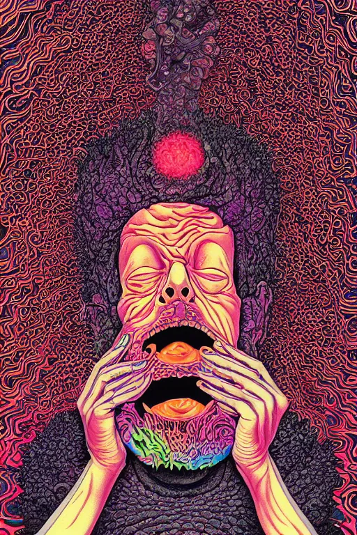 Prompt: man licks a tab of LSD acid on his tongue and experiences psychedelic hallucinations, screenprint by kawase hasui, alex grey and dan hillier, colorful flat surreal design, hd, 8k, artstation