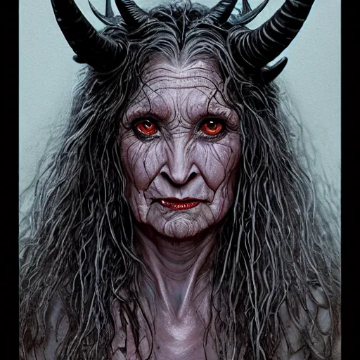 Image similar to head and shoulders portrait of an evil, black - skinned, horned night hag portrayed by olympia dukakis, d & d, fantasy, luis royo, magali villeneuve, donato giancola, wlop, krenz cushart