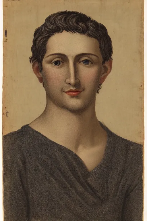 Prompt: A portrait en buste of a man in his twenties, soft round features, oval face, roman nose, warm skin tone, blue grey eyes, short length wavy dark blond hair, kind smile, bags under eyes, slight stubble, wearing a textured ochre cotton dress shirt rolled at the elbows, fauvisme, art du XIXe siècle, figurative oil on canvas by André Derain, Albert Marquet, Auguste Herbin, Louis Valtat, Musée d'Orsay catalogue