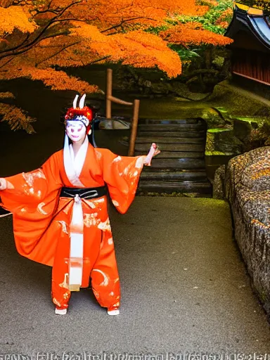 Prompt: full - color photo of a beautiful japanese kitsune goddess doing a ritual dance in a windy inari shinto shrine in kyoto full of autumn leaves. she is a human woman with fox - ears, a fox - tail, hands that are fox - paws, sharp fox - teeth, and a fox - nose. highly - detailed ; professional portrait photography.